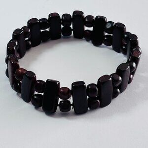 Boho Burgundy & Black Wooden Bead Stretch Bracelet Double Strand